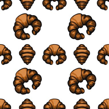 Beyaz arka planda el yapımı kruvasanlar ve kabuk şekilli hamur işlerinden oluşan kusursuz bir vektör deseni. Hamur işleri, sıcak ve davetkar bir tasarım oluşturan zengin kahverengi bir renkle resmedilir..