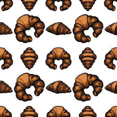 Beyaz bir arkaplana karşı elle çizilmiş çeşitli kruvasan şekilleri içeren kusursuz bir vektör deseni. Kruvasanlar kahverengi tonlarda tasvir edilir. Yumuşak dokularını vurgularlar..