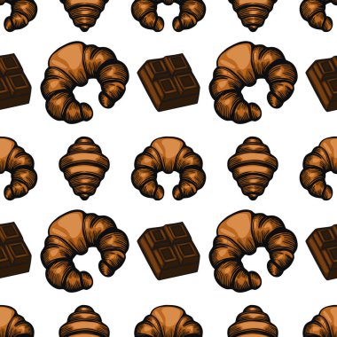 Beyaz arka planda el yapımı kruvasan ve çikolata kareleri içeren kusursuz bir vektör deseni. Kruvasanlar altın kahverengidir, tuhaf dokularını sergilerler..