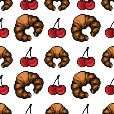Beyaz arka planda kruvasan ve kiraz içeren kusursuz bir vektör deseni. Kruvasanlar altın rengi kahverengi ve pul pul, kirazlar ise yeşil saplı parlak kırmızı..