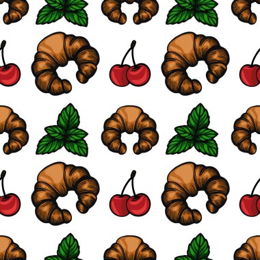 Beyaz arka planda kruvasan, kiraz ve nane yapraklarından oluşan kusursuz bir vektör deseni. Kruvasanlar altın kahverengidir, kirazlar parlak kırmızıdır ve nane yaprakları parlak yeşildir..