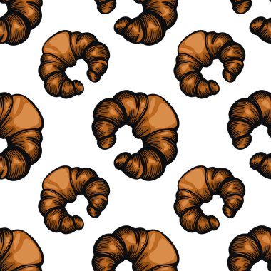 Beyaz arka planda zengin kahverengi renkli el yapımı kruvasanlardan oluşan kusursuz bir vektör deseni. Kruvasanlar karmaşık detaylarla stilize edilmiş, tuhaf dokularını sergiliyorlar..
