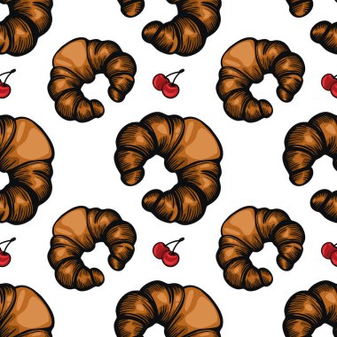 Beyaz arka planda kruvasan ve kiraz içeren kusursuz bir vektör deseni. Kruvasanlar pul pul bir deseni ile altın kahverengidir, kirazlar parlak kırmızı, renk katar..