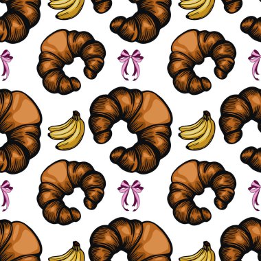 Beyaz arka planda kruvasan, muz ve dekoratif fiyonklardan oluşan kusursuz bir vektör deseni. Kruvasanlar zengin kahverengi bir renkle gösterilirken muzlar....