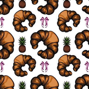 Kruvasan, ananas ve beyaz bir arka planda fiyonk içeren kusursuz bir vektör deseni. Kruvasanlar zengin kahverengi bir renkle gösterilirken, ananaslar canlı yeşil ve sarı renklidir..