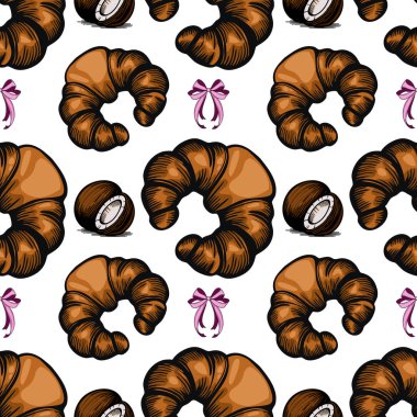 Dekoratif pembe fiyonklu kruvasan ve çikolatalı mantar içeren kusursuz bir vektör deseni. Tasarım, yiyeceklerle ilgili temalar, fırın veya tatlı paketlemesi için uygun ve eğlenceli.