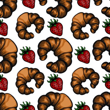 Beyaz arka planda el yapımı kruvasan ve çilek içeren kusursuz bir vektör deseni. Ay çörekleri pul pul olmuş kahverengi, çilekler parlak kırmızı..