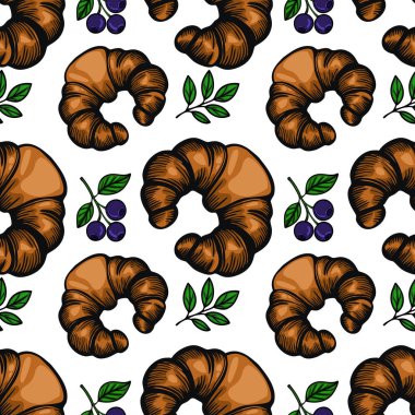 Beyaz arka planda yeşil yapraklı kruvasan ve yaban mersini içeren kusursuz bir vektör deseni. Kruvasanlar altın kahverengidir, tuhaf bir dokusu vardır.