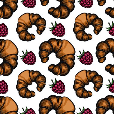 Beyaz bir arka planda kruvasan ve ahududu kümeleri içeren kusursuz bir vektör deseni. Ay çörekleri pul pul olmuş kahverengi, ahududular ise canlı kırmızı.