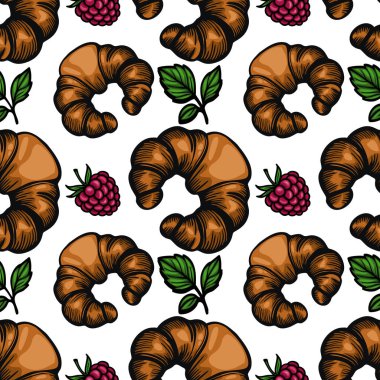 Yeşil yapraklı kruvasan ve ahududu içeren kusursuz bir vektör deseni. Kruvasanlar altın rengi kahverengi ve pul pul, ahududular ise canlı kırmızı..