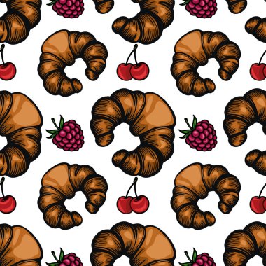Beyaz arka planda kruvasan, kiraz ve üzümlerden oluşan kusursuz bir vektör deseni. Kruvasanlar altın kahverengidir, meyveler ise canlı renkler ekler..
