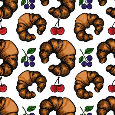 Beyaz arka planda kruvasan, kiraz ve yaban mersini içeren bir vektörsüz desen. Kruvasanlar pul pul olmuş kahverengi renktedir..