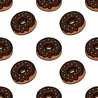 Beyaz arka planda çikolata kremalı ve yeşil serpiştirilmiş çizgi film tarzı çörekler içeren kusursuz bir vektör deseni..