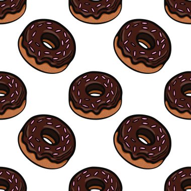 Beyaz arka planda pembe parçacıklar serpiştirilmiş çizgi film tarzı çikolatalı çörekler içeren kusursuz bir vektör deseni. Çörekler eğlenceli ve renkli bir tasarım ile çizilmiş.