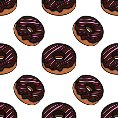 Beyaz arka planda çikolatalı ve pembe kremalı resimli donutlar içeren kusursuz bir vektör deseni. Çörekler eşit aralıklarla dizayn edilmiş, eğlenceli ve iştah açıcı bir tasarım yaratıyor..
