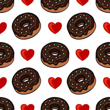 İçinde yeşil serpiştirilmiş çikolatalı çörekler ve beyaz arka planda kırmızı kalpler olan neşeli bir desen. Yemek temalı tasarımlar veya romantik etkinlikler için idealdir..