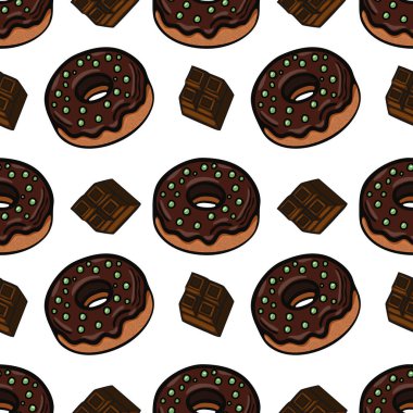 Tekrarlayan bir desen. Beyaz arka planda yeşil serpiştirilmiş çikolatalı çörekler ve siyah çikolatalar..