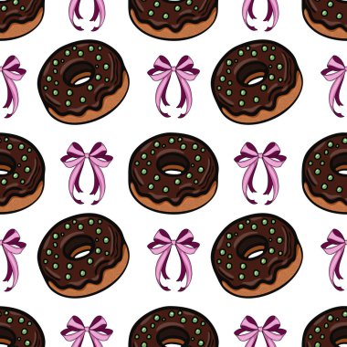 Yeşil serpiştirilmiş ve pembe fiyonklu çikolatalı çörekler içeren eğlenceli ve renkli bir desen. Tasarım çeşitli şenlik veya mutfak temaları için eğlenceli ve uygundur.