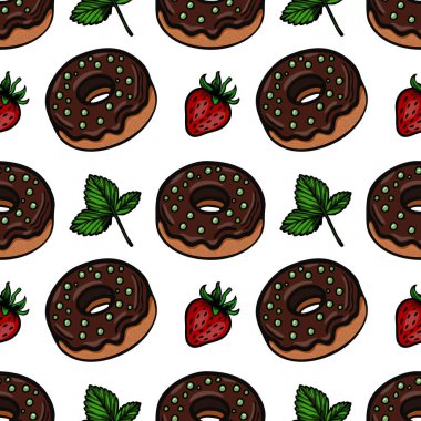 Yeşil serpiştirilmiş çikolatalı çörekler, taze çilekler ve beyaz arka planda naneli yapraklar içeren kusursuz bir vektör deseni..