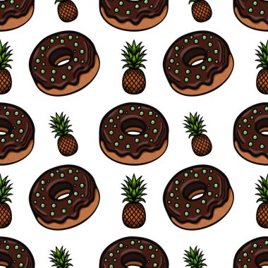 Üzerinde yeşil serpiştirilmiş çikolatalı çörekler ve beyaz arka planda ananaslar olan eğlenceli ve renkli bir desen. Gıda ile ilgili tasarımlar veya eğlenceli temalar için ideal.