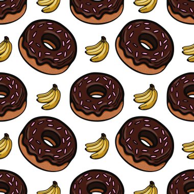 Beyaz arka planda çikolata kaplı donutlar ve muz demetleri içeren neşeli bir desen. Gıda ile ilgili tasarımlar veya eğlenceli temalar için ideal.