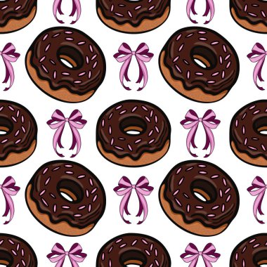 Beyaz arka planda pembe serpiştirilmiş çikolatalı çörekler ve mor fiyonklar içeren kusursuz bir vektör deseni. Tasarım çeşitli şenlik veya gündelik temalar için eğlenceli ve uygundur.