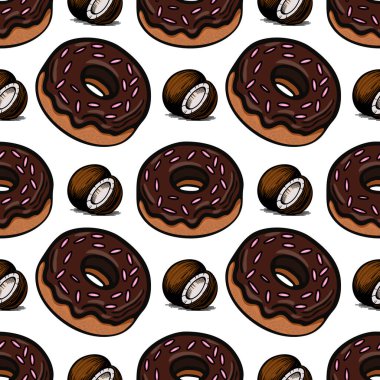 Pembe şekerli ve yarım hindistan cevizli çikolatalı çörekler içeren kusursuz bir vektör deseni. Tasarım eğlenceli ve renklidir, yiyeceklerle ilgili konular için uygundur..