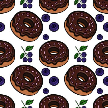 Beyaz arka planda yaban mersini ve yeşil yapraklarla çevrili çikolatalı çörekler içeren kusursuz bir vektör deseni..