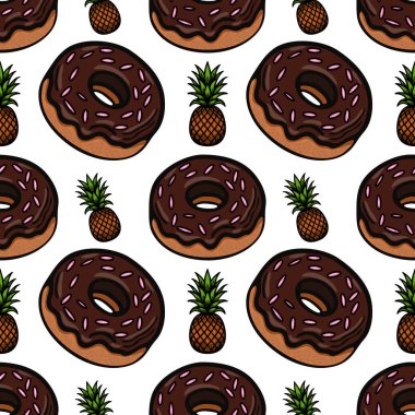 Beyaz arka planda pembe serpiştirilmiş çikolatalı çörekler ve ananaslar içeren neşeli bir desen. Tasarım canlı ve eğlenceli, çeşitli yaratıcı projeler için uygun..
