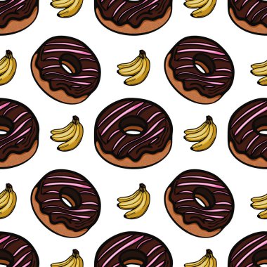 Çikolata kremalı ve pembe çizgili donutlar ve beyaz arka planda duran sarı muzlar içeren neşeli bir desen..