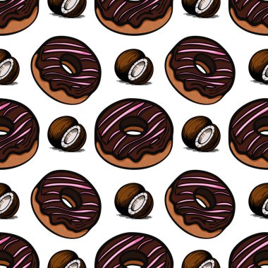 Çikolata kaplı ve pembe kremalı çeşitli donutların yanı sıra çikolata kaplı muhtelif tatlılar içeren bir vektörsüz kalıp. Tasarım eğlenceli ve renkli.