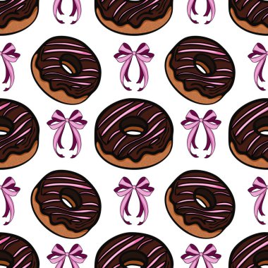 Pembe kremalı ve dekoratif fiyonklu çikolatalı çörekler içeren kusursuz bir vektör deseni. Tasarım neşeli ve renkli, çeşitli şenlik ya da mutfak temaları için uygun..