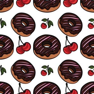 Pembe kremalı ve vişneli çikolatalı donutlar içeren kusursuz bir vektör deseni. Tasarım eğlenceli ve renklidir, yiyeceklerle ilgili konular için uygundur..