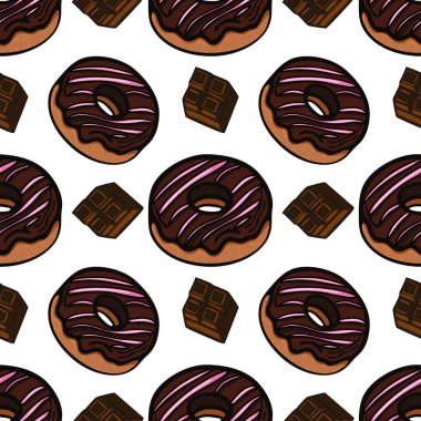 Pembe kremalı çikolatalı çörekler ve beyaz arka planda siyah çikolatalar içeren kusursuz bir vektör deseni..