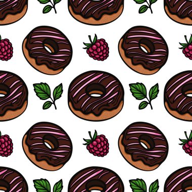 Beyaz arka planda ahududu ve yeşil nane yapraklarıyla kaplı pembe kremalı çikolatalı çörekler içeren kusursuz bir vektör deseni..