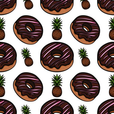 İçinde pembe kremalı ve ananaslı çikolatalı donutlar olan neşeli bir desen. Tasarım canlı ve eğlenceli, çeşitli yaratıcı projeler için uygun..