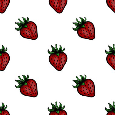 Beyaz arka planda yeşil yapraklı canlı kırmızı çilekler içeren pürüzsüz bir vektör deseni. Tasarım eğlenceli ve taze, yemekle ilgili konular için ideal..
