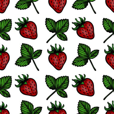 Beyaz arka planda canlı kırmızı çilekler ve yeşil yapraklardan oluşan pürüzsüz bir vektör deseni. Tasarım eğlenceli ve taze, tekstil ya da mutfak dekorasyonu için ideal..