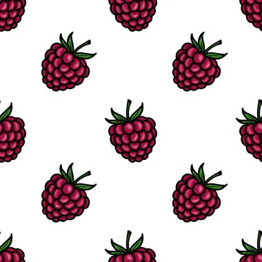 Beyaz arka planda yeşil yapraklı biçimlendirilmiş ahududu desenli bir vektör. Tasarım canlı ve eğlenceli, tekstil veya ambalaj için ideal.