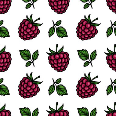 Beyaz arka planda canlı ahududu ve yeşil yapraklardan oluşan pürüzsüz bir vektör deseni. Tasarım meyveleri çeşitli yönlerde sergiliyor, canlı ve taze bir estetik yaratıyor..