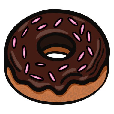 Üzerinde altın-kahverengi bir taban bulunan pembe parçacıklar serpiştirilmiş çizgi film tarzı çikolatalı çörek. Çörek yuvarlaktır. Ortasında bir delik vardır. Parlak çikolata jöleli..