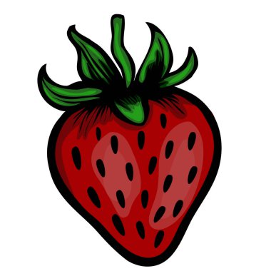 Parlak kırmızı gövdeli, yeşil yapraklı ve siyah tohumlu bir çileğin canlı, çizgi film tarzı vektör çizimi. Tasarım cesur ve renkli, çeşitli yaratıcı projeler için uygun..