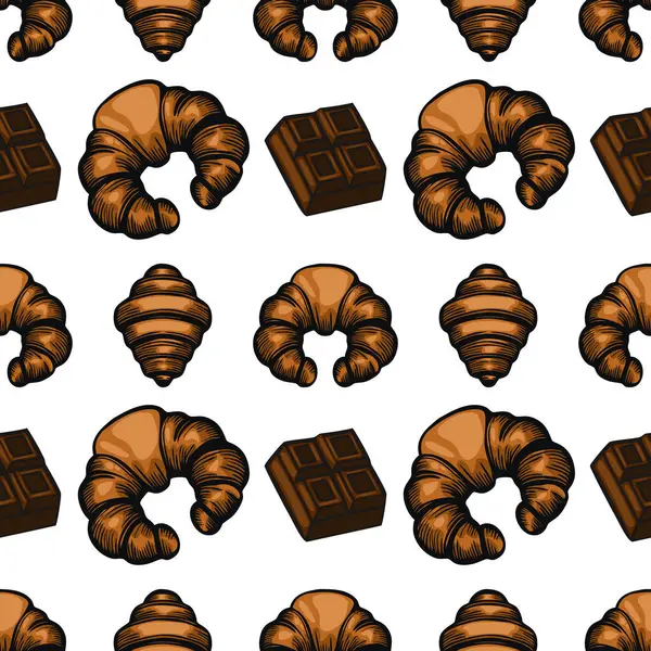 Beyaz arka planda el yapımı kruvasan ve çikolata kareleri içeren kusursuz bir vektör deseni. Kruvasanlar altın kahverengidir, tuhaf dokularını sergilerler..