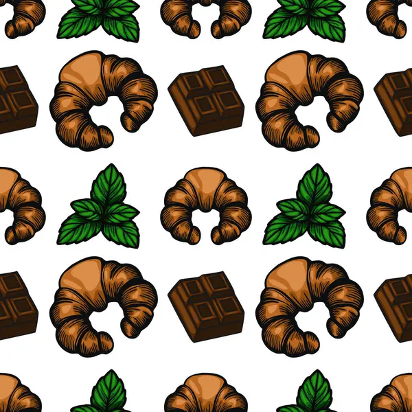 Beyaz arka planda kruvasan, çikolata kareleri ve nane yapraklarından oluşan kusursuz bir vektör deseni. Kruvasanlar altın sarısı, çikolatalar koyu ve nane yaprakları....