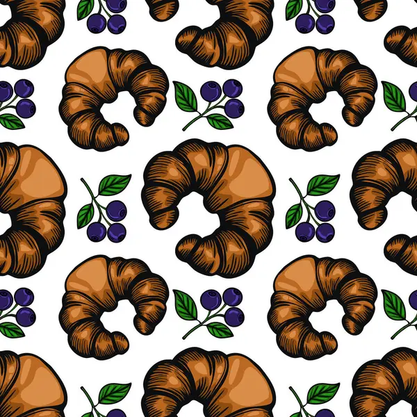 Beyaz arka planda yeşil yapraklı kruvasan ve yaban mersini içeren kusursuz bir vektör deseni. Kruvasanlar altın rengi kahverengi ve pul pul, yabanmersinleri ise koyu mavi..