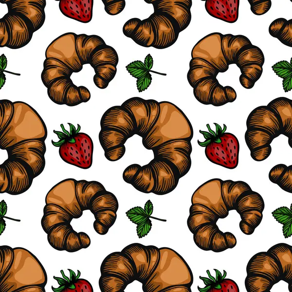 Beyaz arka planda yeşil yapraklı kruvasan ve çilek içeren kusursuz bir vektör deseni. Kruvasanlar altın kahverengidir ve çilekler parlak kırmızı renktedir..
