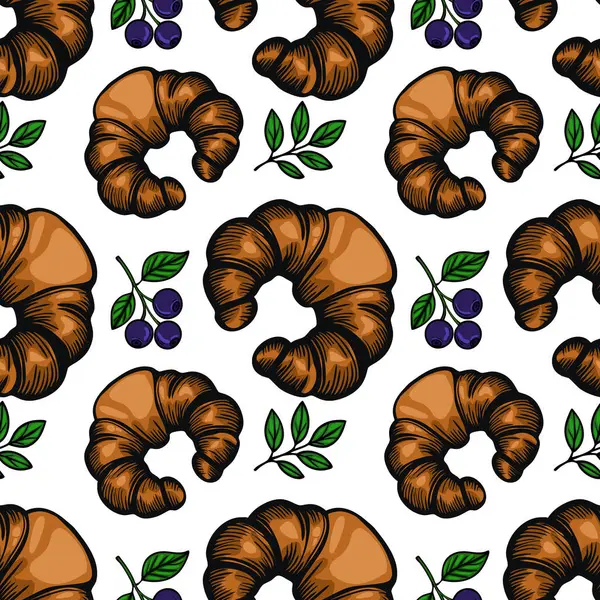 Beyaz arka planda yeşil yapraklı kruvasan ve yaban mersini içeren kusursuz bir vektör deseni. Kruvasanlar altın kahverengidir, tuhaf bir dokusu vardır.