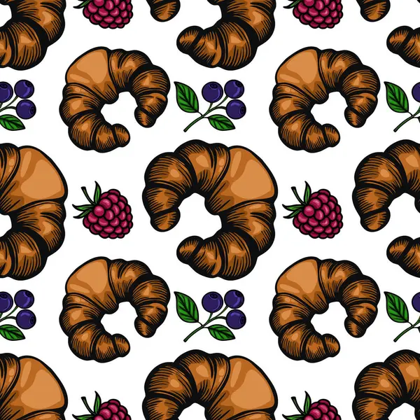 Beyaz arka planda yaban mersini ve ahududu içeren kruvasan ve böğürtlen içeren bir vektörsüz desen. Kruvasanlar altın rengi kahverengi ve pul pul..