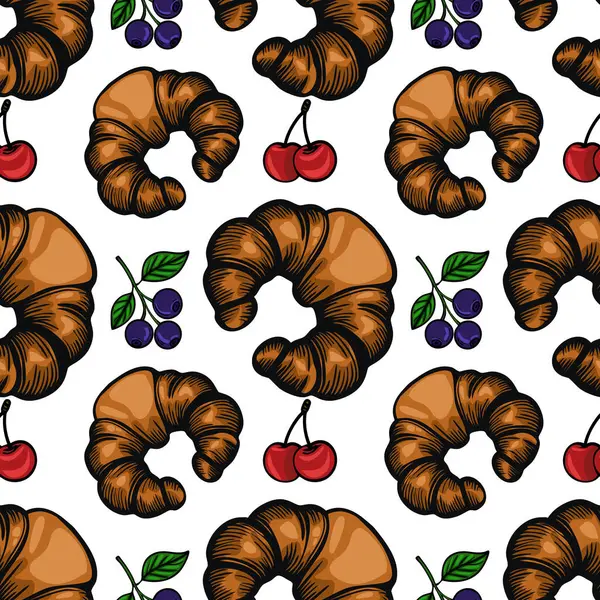 Beyaz arka planda kruvasan, kiraz ve yaban mersini içeren bir vektörsüz desen. Kruvasanlar pul pul olmuş kahverengi renktedir..