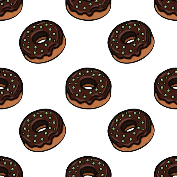 Beyaz arka planda çikolata kremalı ve yeşil serpiştirilmiş çizgi film tarzı çörekler içeren kusursuz bir vektör deseni..